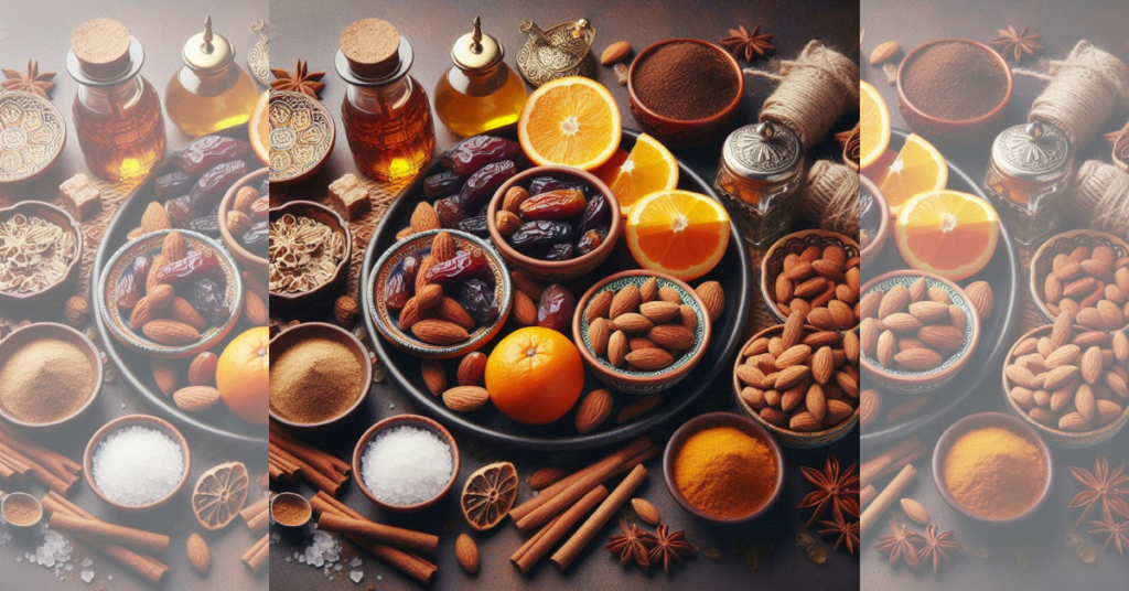 a colorful array of Moroccan spices and ingredients like dates, oranges, and almonds